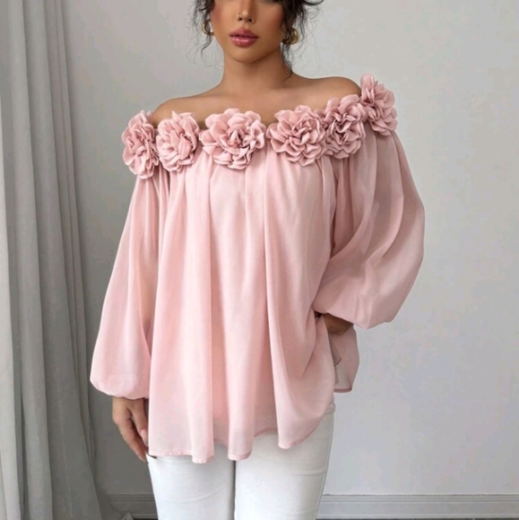 Women's Elegant Off Shoulder Chiffon Blouse, Soft Smooth Matte Solid - Picture 6 of 6